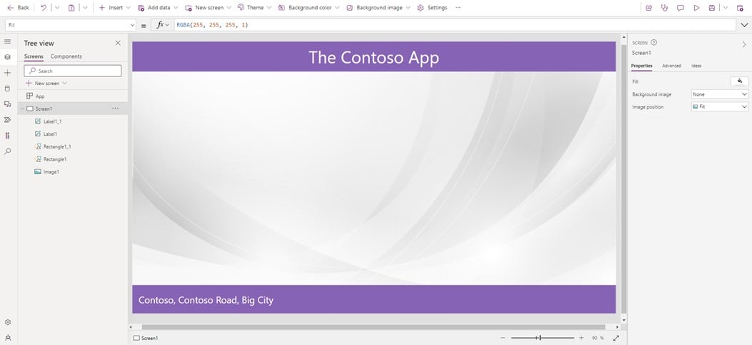 a screenshot of a canvas app in progress, with purple highlights and the words 'contoso app' displayed