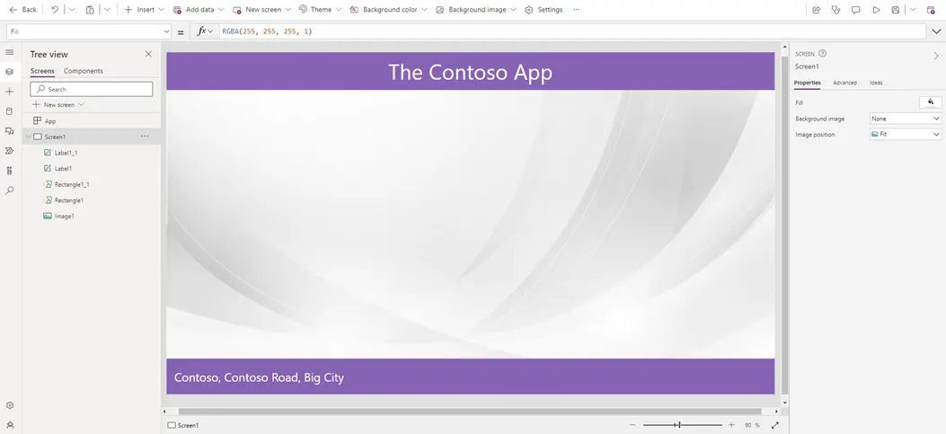 a screenshot of a canvas app in progress, with purple highlights and the words 'contoso app' displayed 