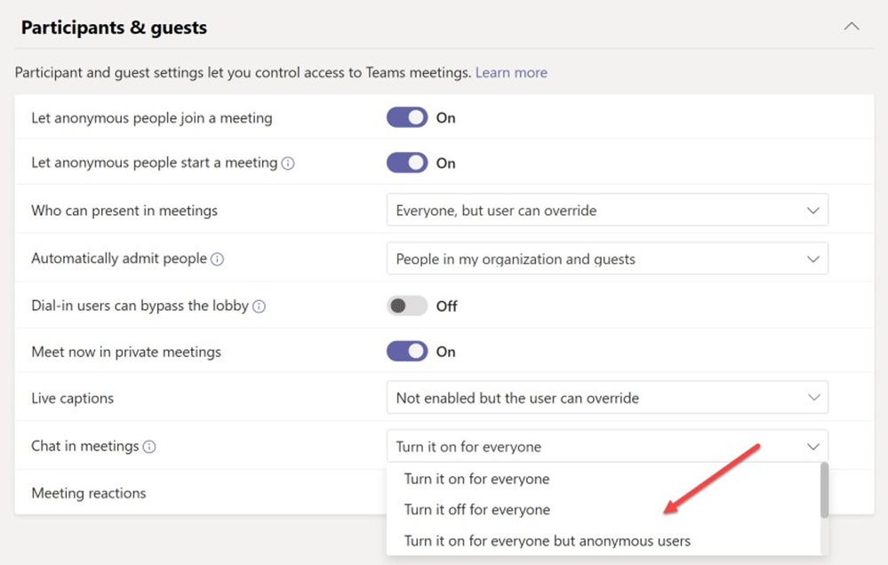 a screenshot of someone choosing options for chat write access within Teams