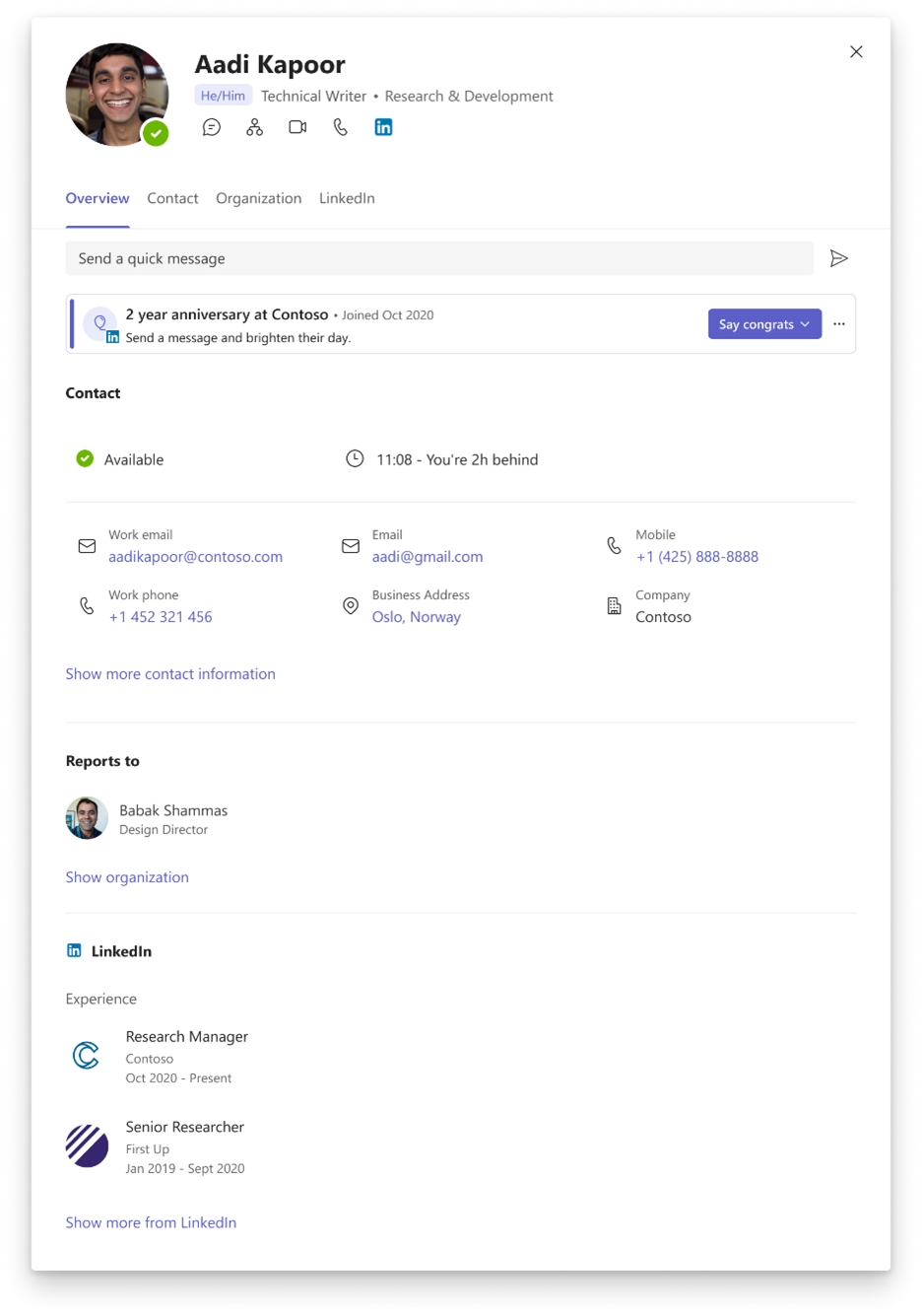 a screenshot of a users profile card within teams