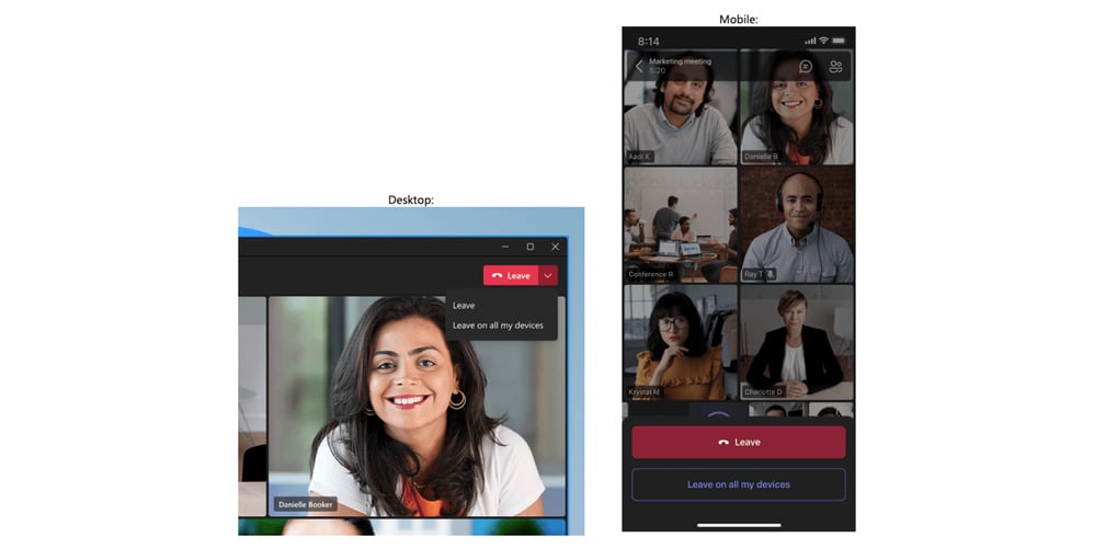 a screenshot of a teams call on both a desktop and mobile, with the leave meeting options on screen
