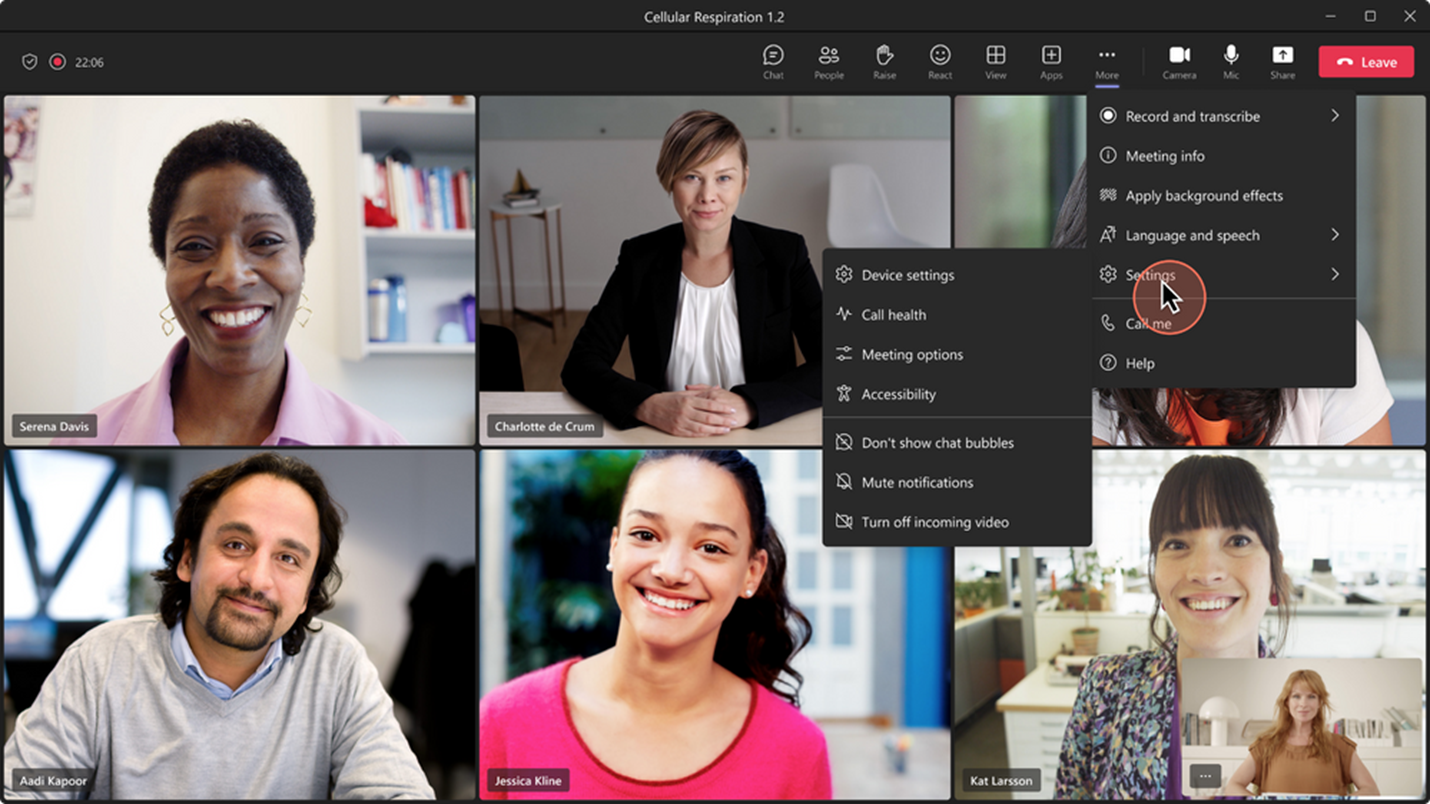 a teams call is in the background of an image while someone chooses options from the meeting toolbar