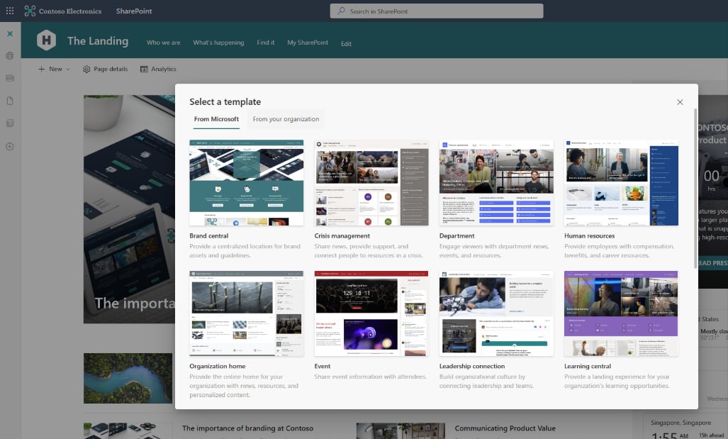 A screenshot of different site templates within SharePoint