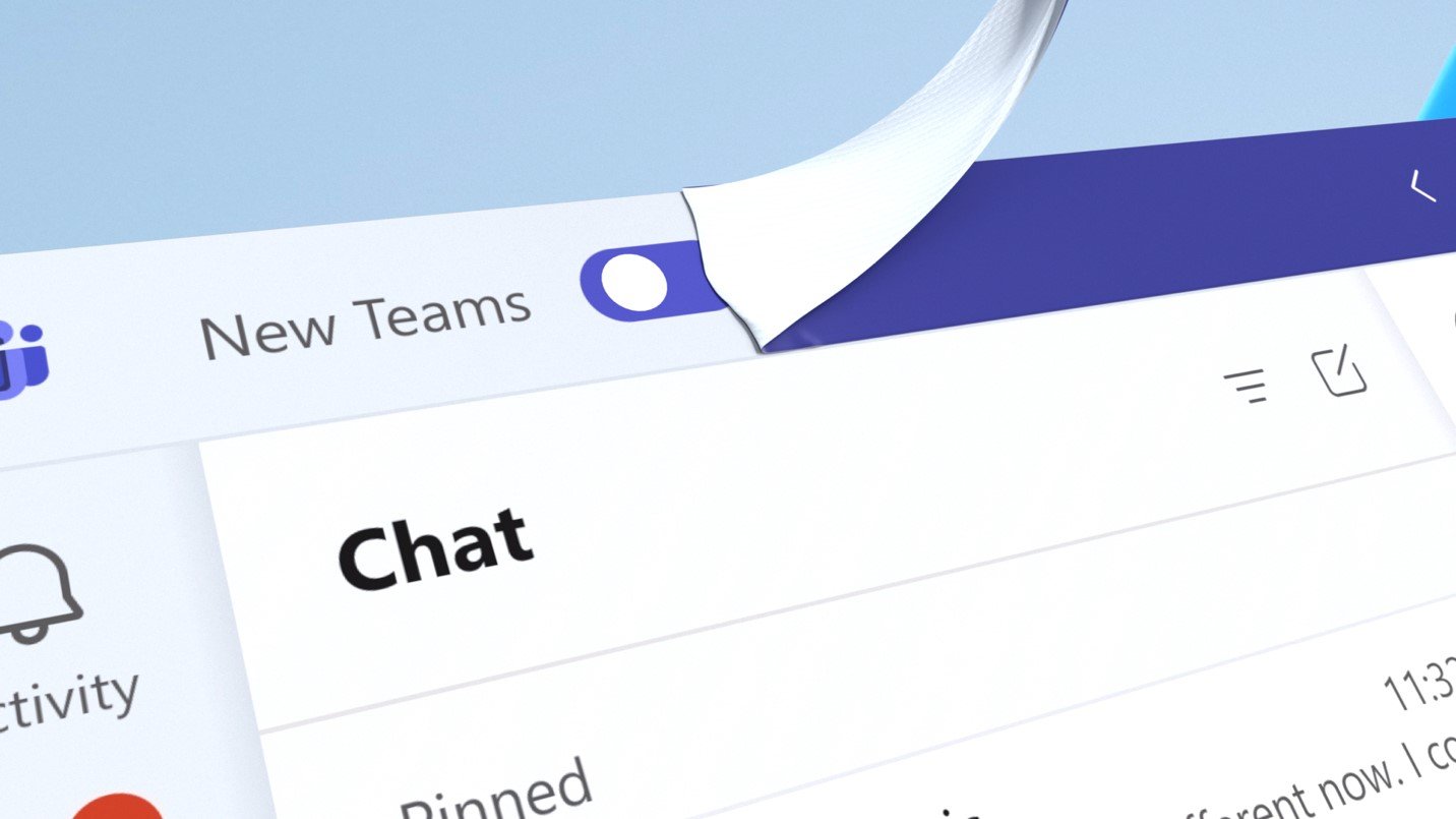 Teams-2.0-3 an image of the teams desktop app with a strip of white paper being peeled from the top, as it to unveil something