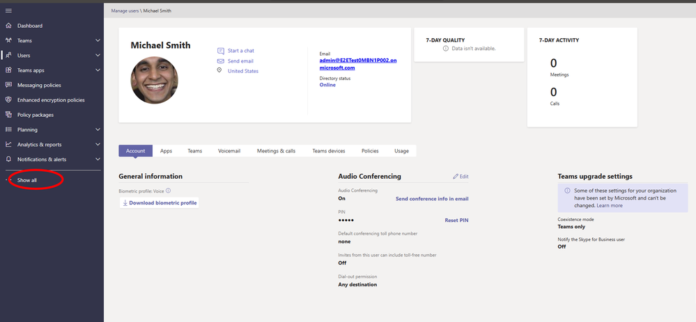 A screenshot of the Teams admin centre