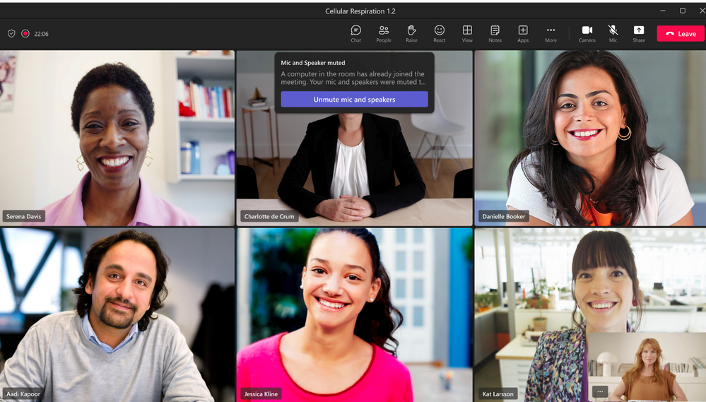 a screenshot of a teams call with a notification from teams about a users
mic and speaker