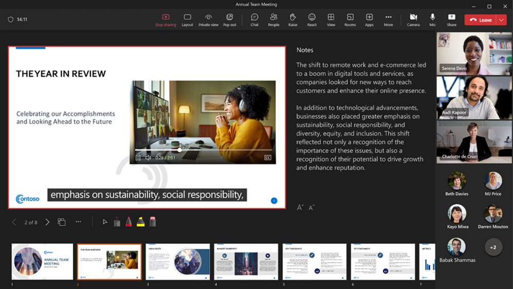 A PowerPoint Live presentation within Teams, with closed captions alongside the main presentation 