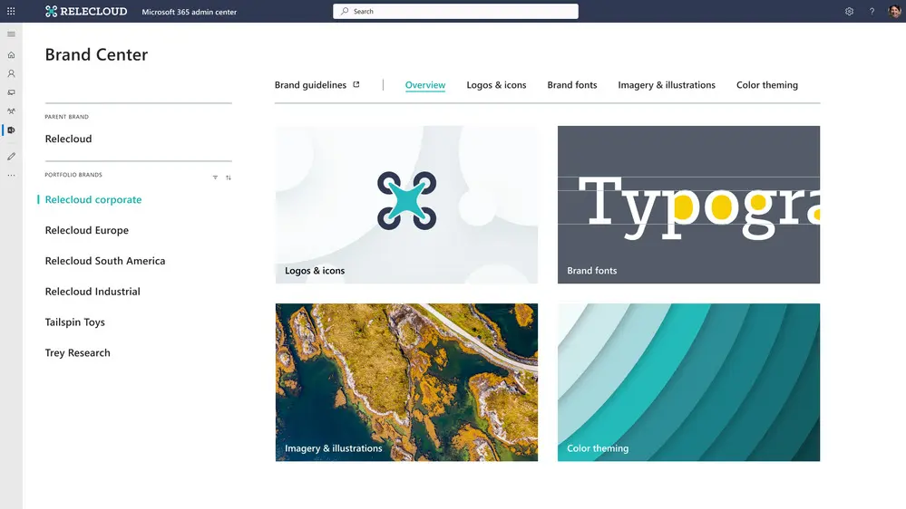 The new Brand Centre for SharePoint. It displays logo templates, different typography options, and different colour schemes 