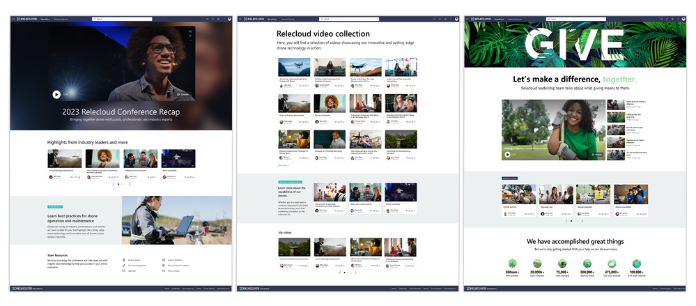 a screenshot of three different SharePoint pages side-by-side, all of which heavily feature images and videos 
