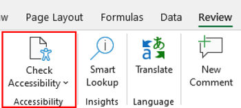 a screenshot of the review tab in word, with a red box around the accessibility checker 