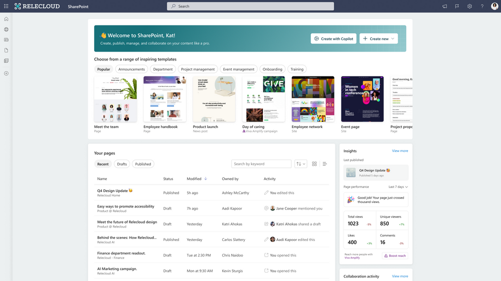 A screenshot of the SharePoint start page. Displayed are suggested templates, insights, drafts and published pages