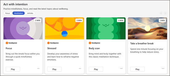 a screenshot of the headspace within viva insights, displaying different mindfulness activities 