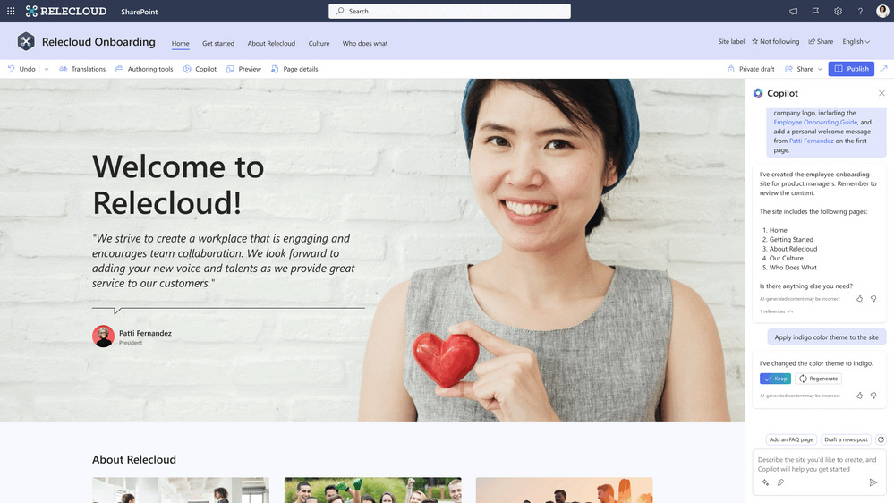 A screenshot of someone building a SharePoint site, with Copilot alongside the screen offering helpful tips. The main image on the site is a woman in a grey tank top, holding a red heart, smiling