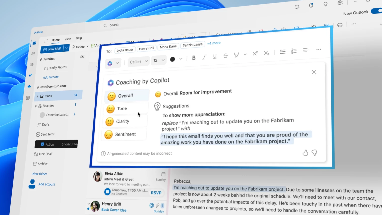 a screenshot of Copilot working within Outlook, offering coaching tips to convey the right tone in an email