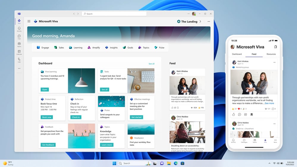 an image of the Microsoft Viva dashboard open on a desktop, and a screenshot of a mobile displaying the Microsoft Viva feed. Both are on a desktop background, with blue swirls on it 