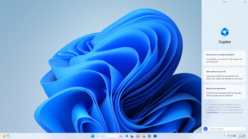 a desktop with a light blue background and big blue swirls on it, in the middle. appearing on the right side of the desktop is the copilot pop-up. 