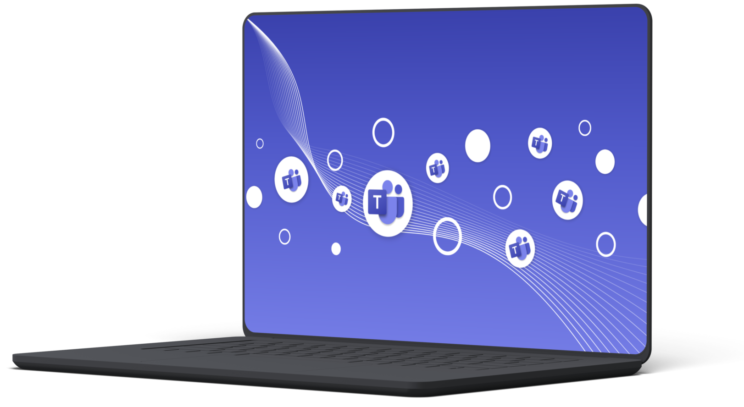 Microsoft Teams logos on a purple background on a laptop