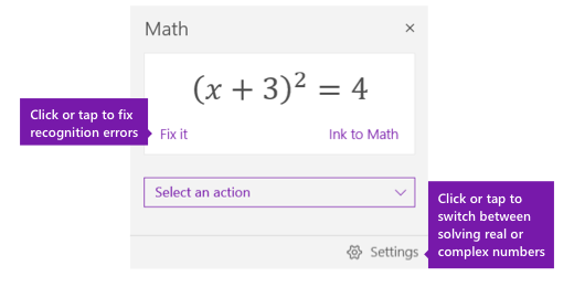 a screenshot of math assistant within OneNote, with purple text boxes solving the equation on screen 