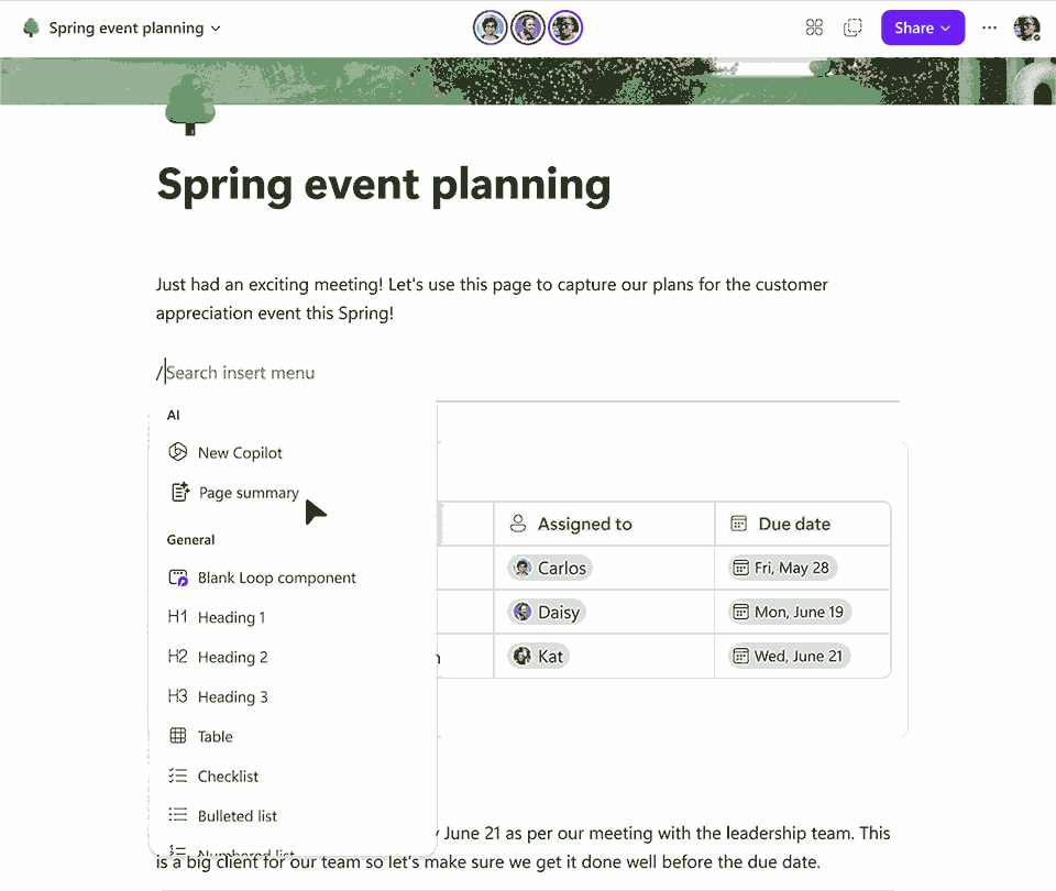 a short gif of Copilot in Loop, summarising a loop component into actionable bullet points 