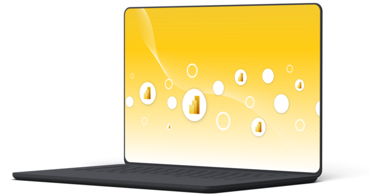 Power BI logos on a Yellow background on a laptop