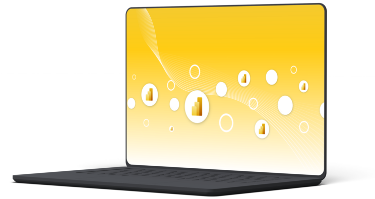 Power BI logos on a Yellow background on a laptop