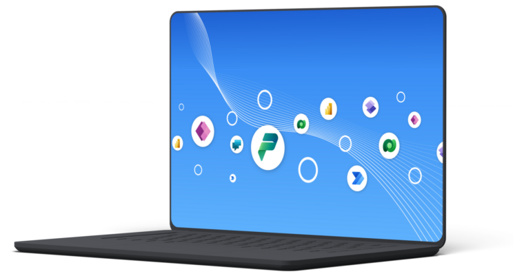 Power Platform logos on a blue background on a laptop