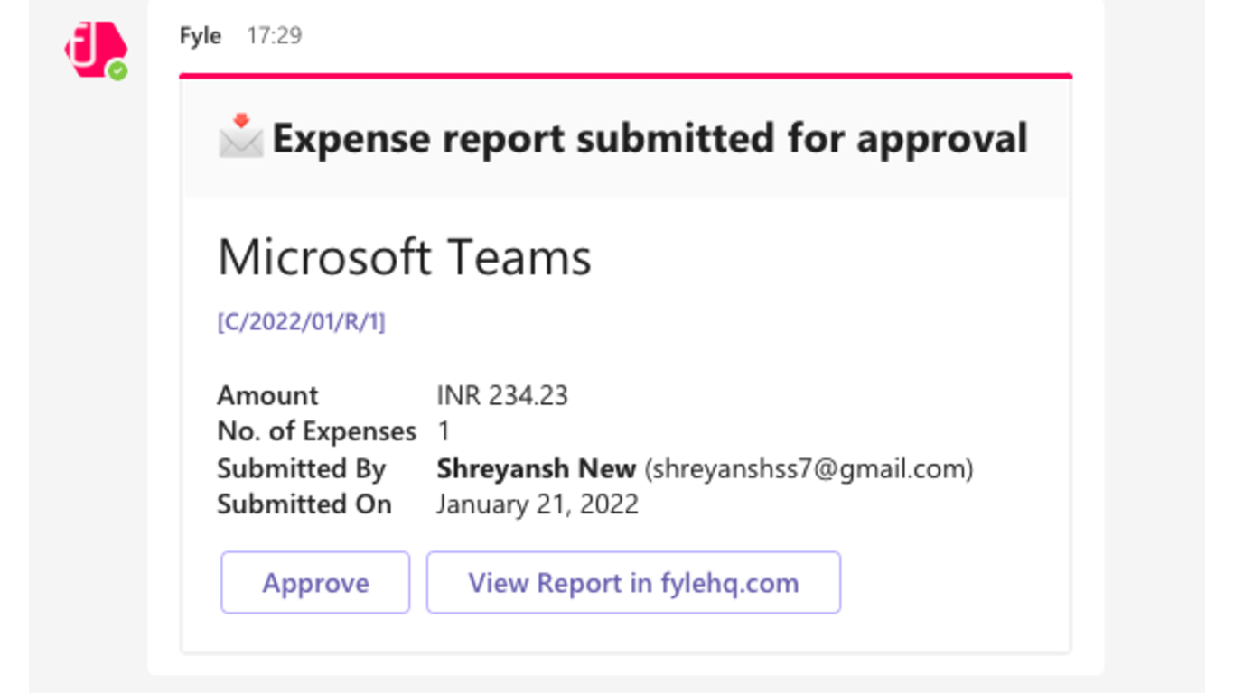a screenshot of the fyle app integration within teams, showing a breakdown of an expense report that has been submitted 