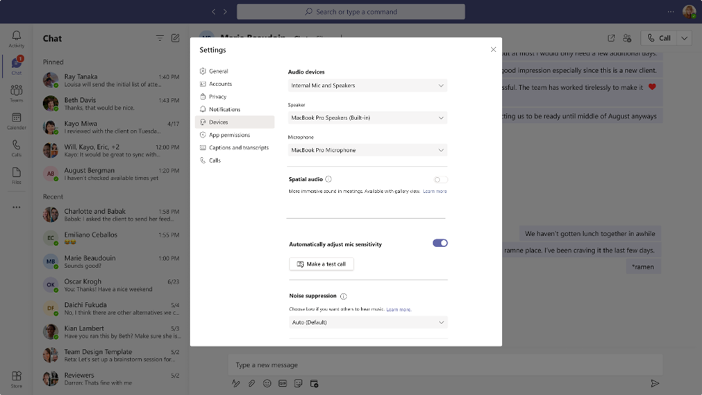 a screenshot of the settings menu within Microsoft Teams