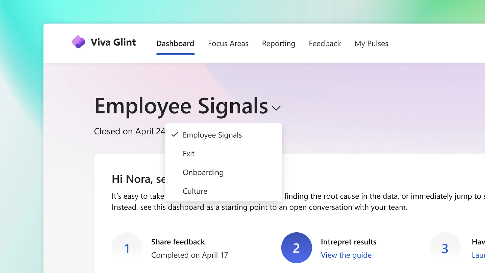 a screenshot of microsoft glint, displaying a drop down menu to see different sets of analytics