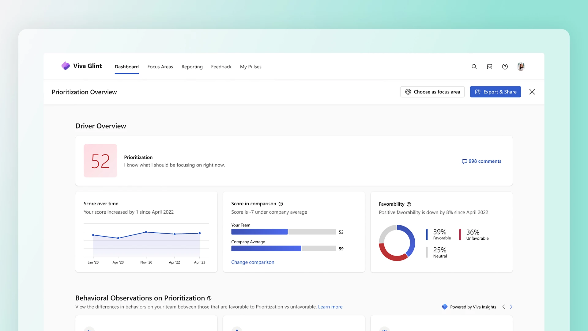 a screenshot of microsoft glint displaying a breakdown of data sets into bar charts, pie charts and more