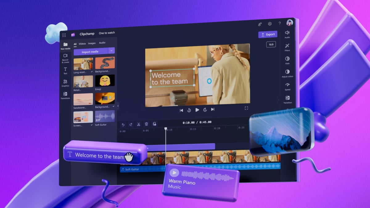 Featured-img-1-1 a 3D screenshot of a video being edited in clipchamp, on a purple background with abstract purple shapes