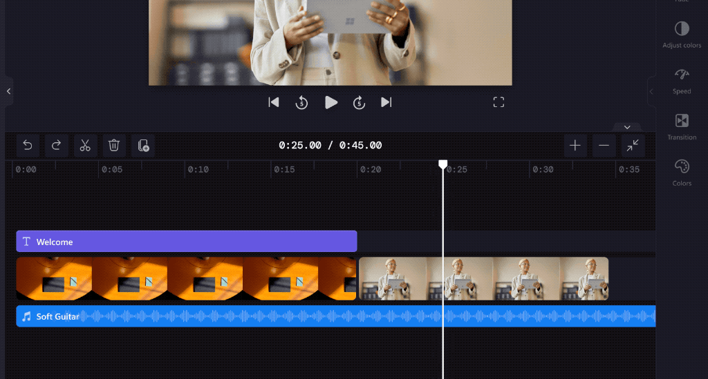 a short gif of content being added to the video editing tool bar in clipchamp