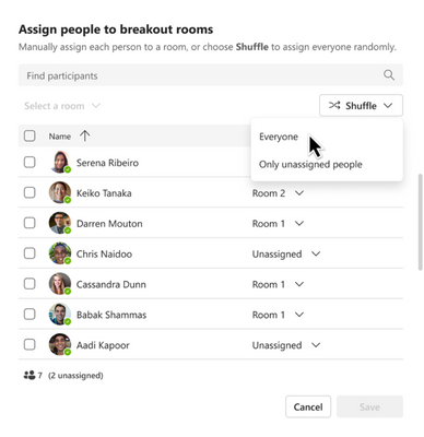 a screenshot of a list of participants in a teams meeting, waiting to be assigned to a breakout room 