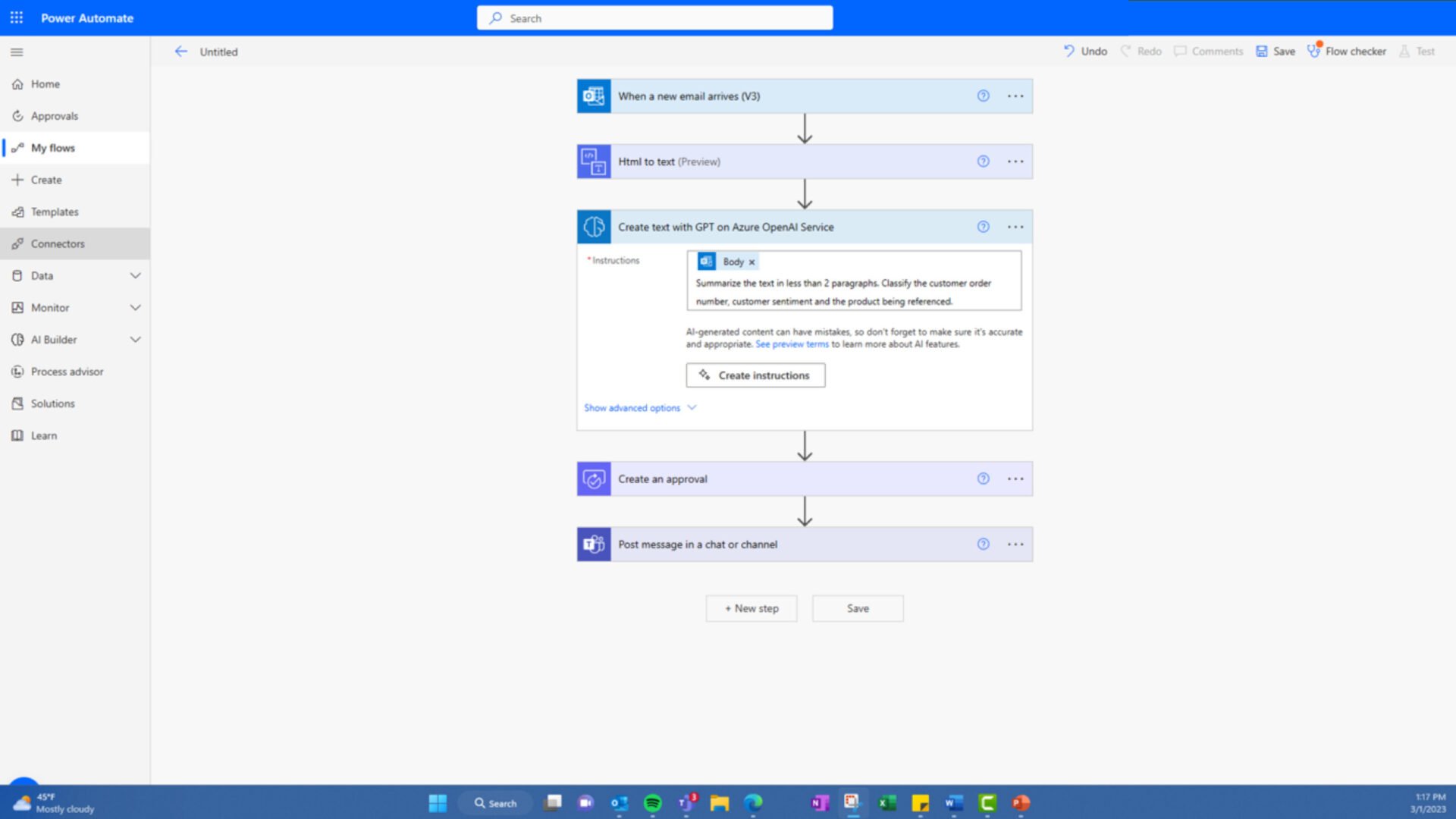 a screenshot of power automate, with a work flow in progress 