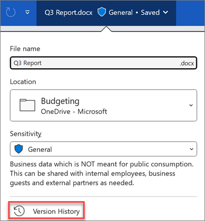 a screenshot of a file in microsoft, with a red box highlighting the version history selection 