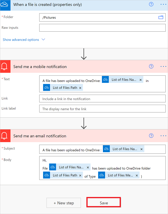a screenshot of a power automate flow in progress, automating the upload process to OneDrive