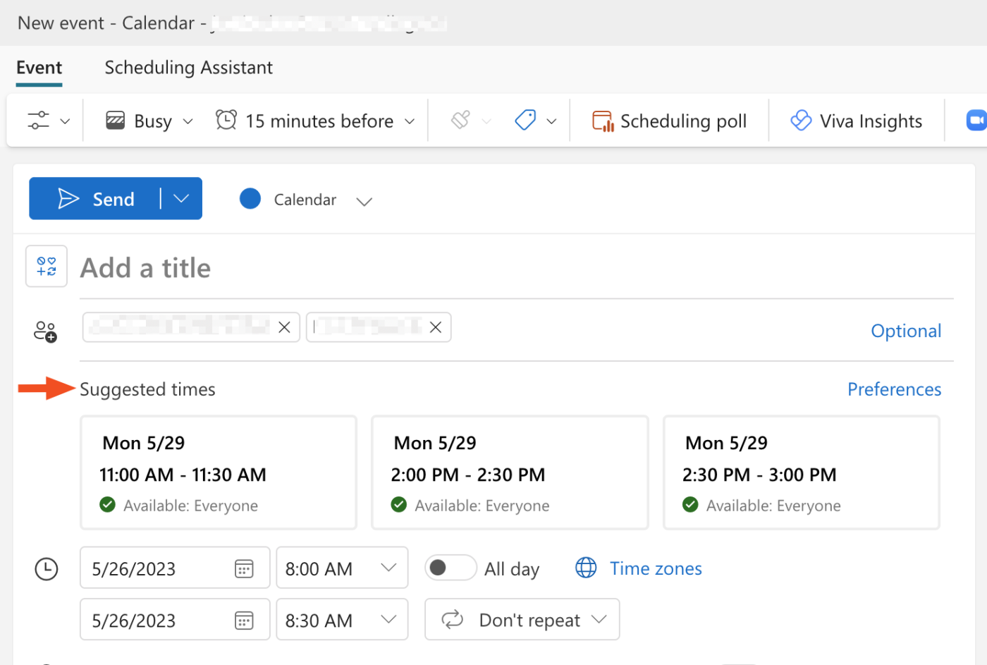 a screenshot of the outlook scheduling assistant, showing suggested times to set up a meeting