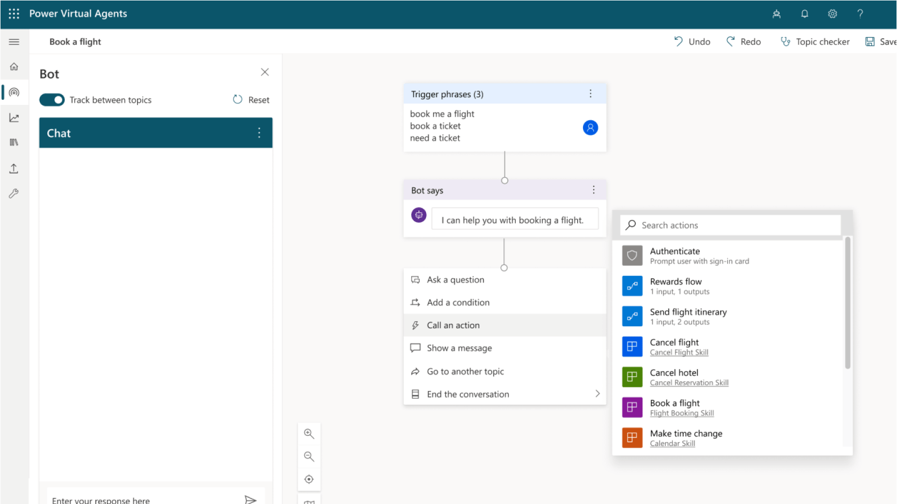 a screenshot of power virtual agent, displaying a chatbot being created based of different triggers and actions 