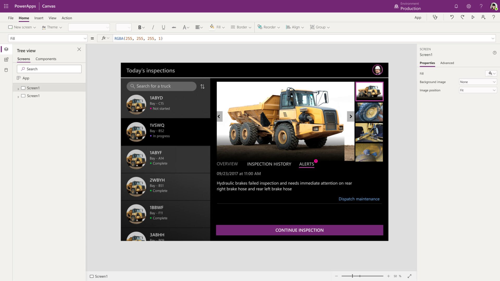 powerapps a screenshot of a power app, tracking equipment inspections
