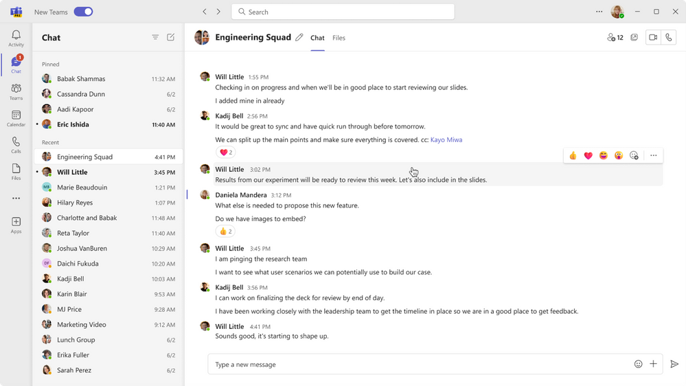 a screenshot of compact chat within teams, showing a chat without regular message bubbles but chat panes instead