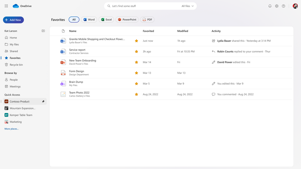 a screenshot of a favourites folder in onedrive, showing a select list of files