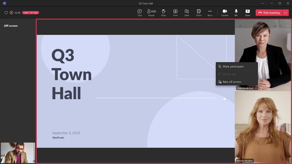 a screenshot of a teams town hall, where certain presenters are hidden from the audience display 