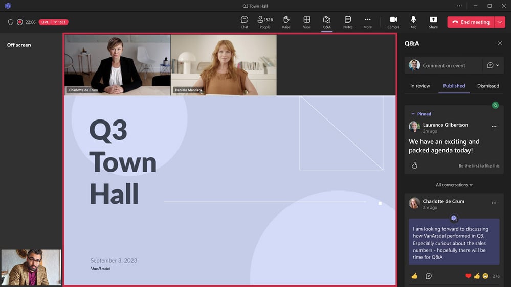 a screenshot of an internal live event, titled Q3 town hall