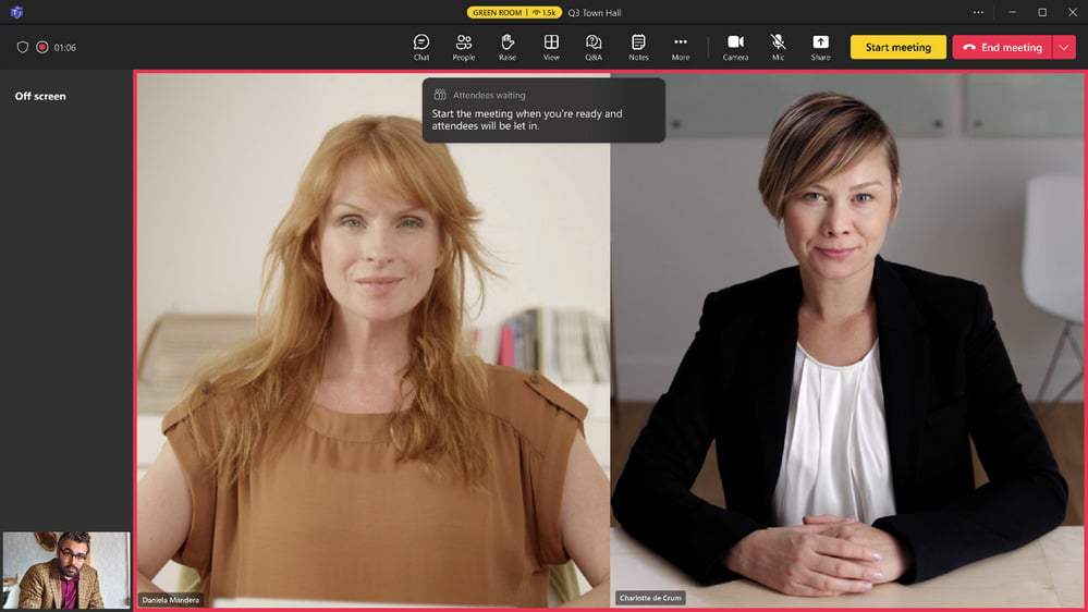 a screenshot of event presenters in a green room before a teams town hall event 