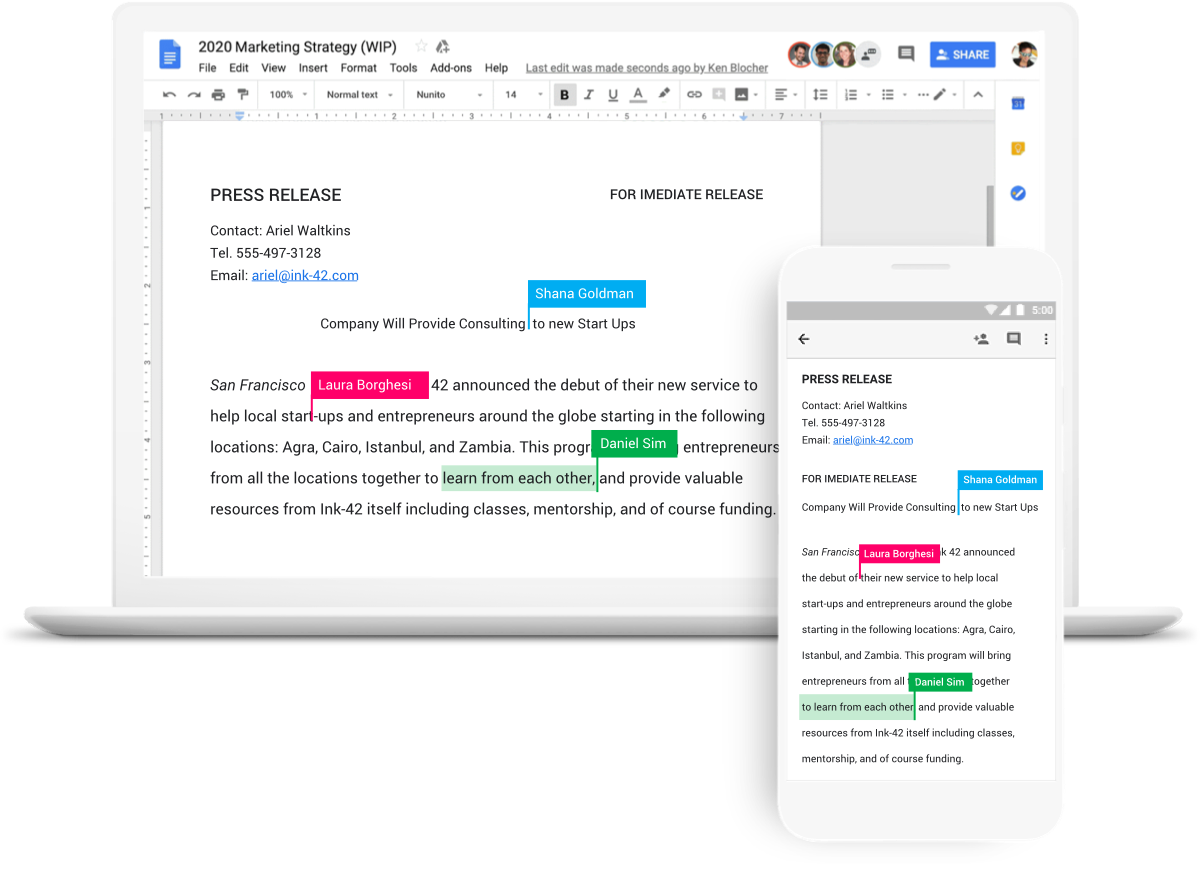 an image of a collaborative google doc open on a laptop screen, with a pop out on a mobile screen