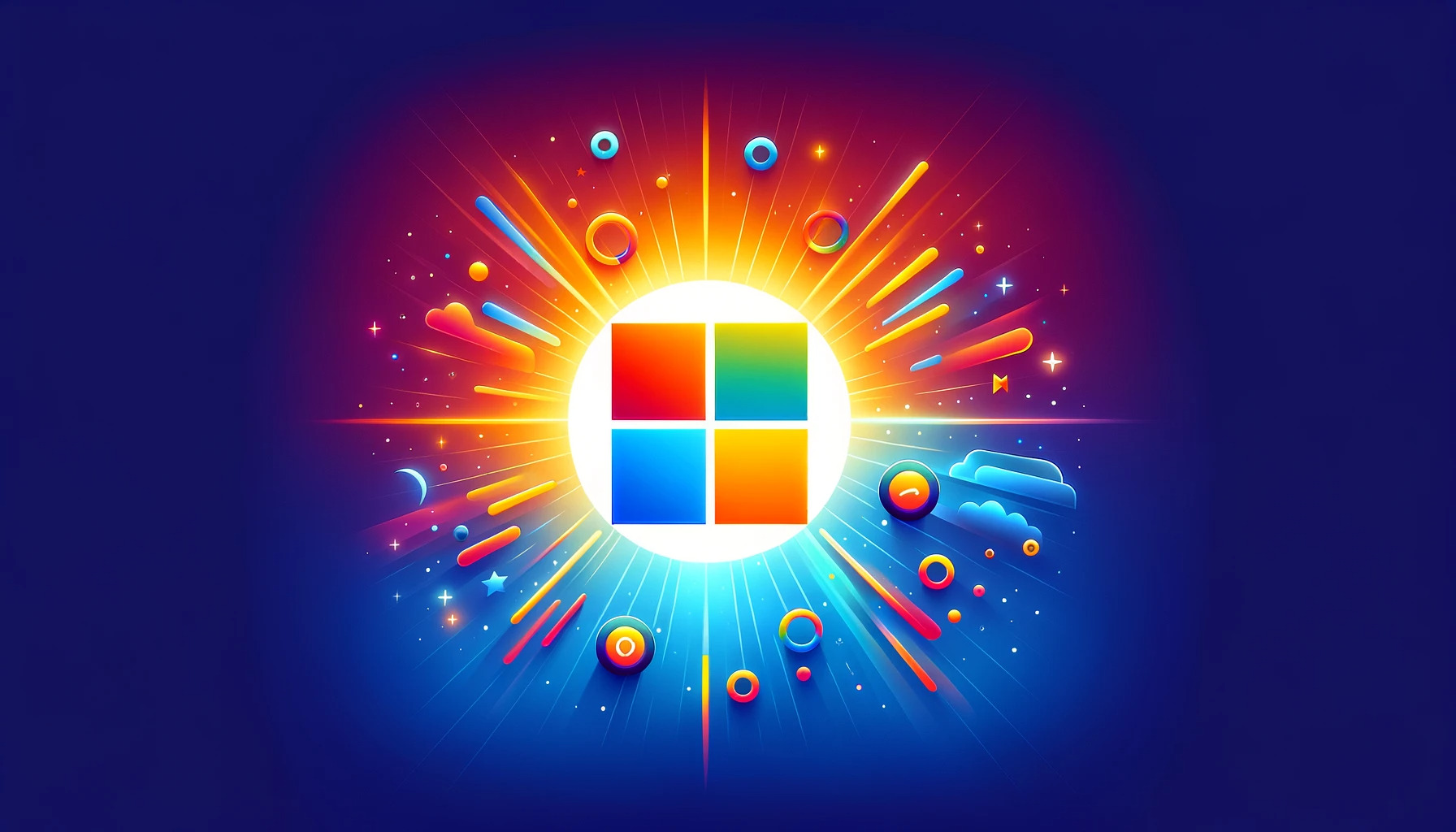 Microsoft Logo with bright explosion of colour and icons