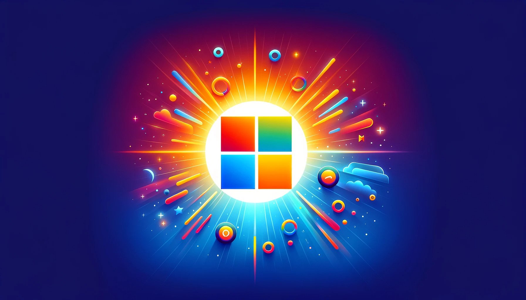 Microsoft Logo with bright explosion of colour and icons