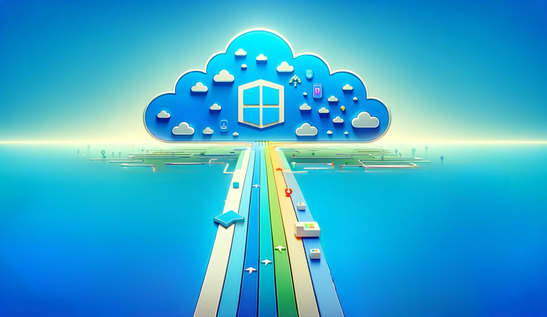 Coloured track leading to cloud in the sky with Microsoft 365 logo
