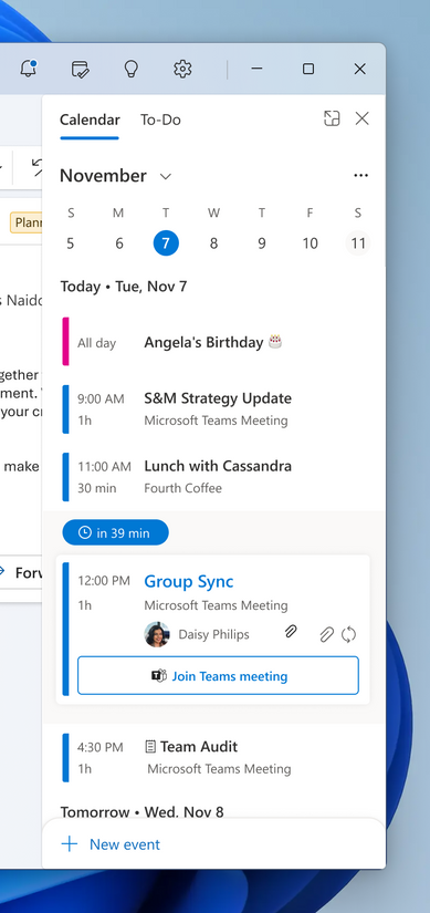 Calendar integrated with your Outlook. 