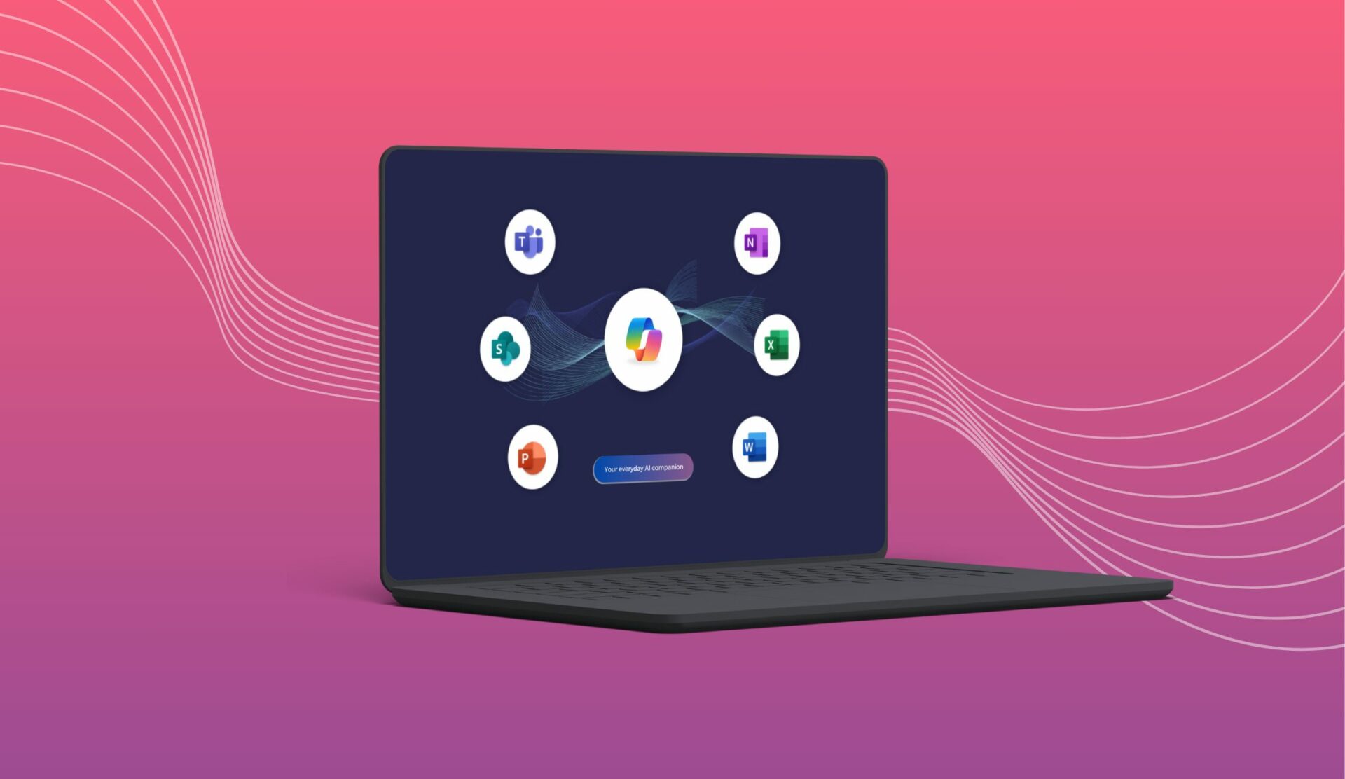 Pink to purple gradient with Microsoft Pilot and other Microsoft applications.